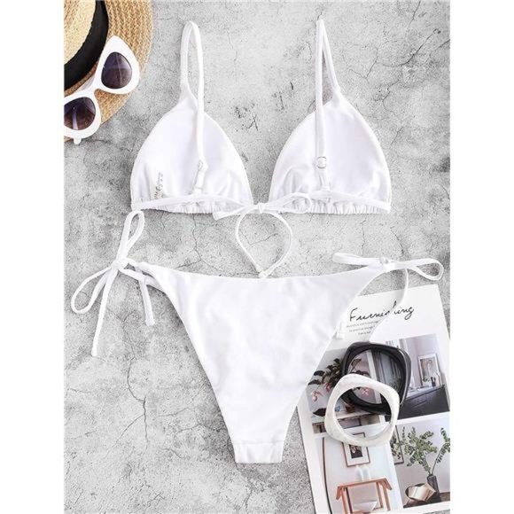 WOMEN'S Triangle Bikini Floral String Bikini Set, White - Picture 4 of 6